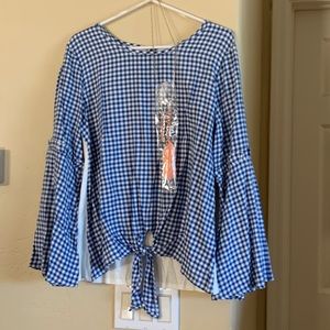 Blue gingham front tie blouse